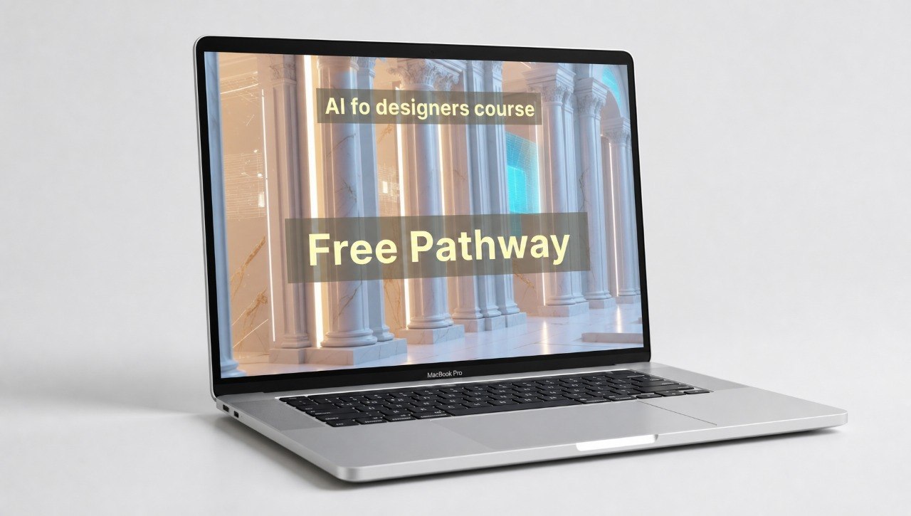 Laptop displaying a free pathway advertisement for an AI for designers course on a light background