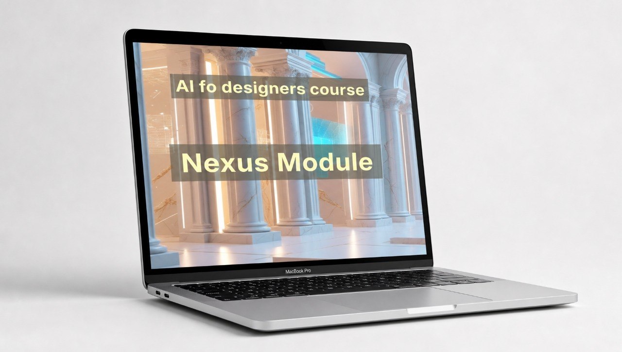 Laptop displaying a course module titled 'Nexus Module' on a light gray background