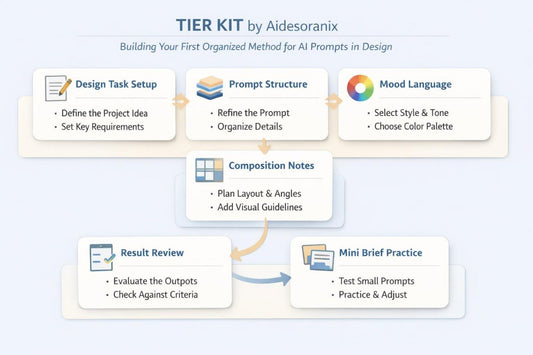 Tier Kit by Aidesoranix for building AI prompts in design with step-by-step process on a light blue background.