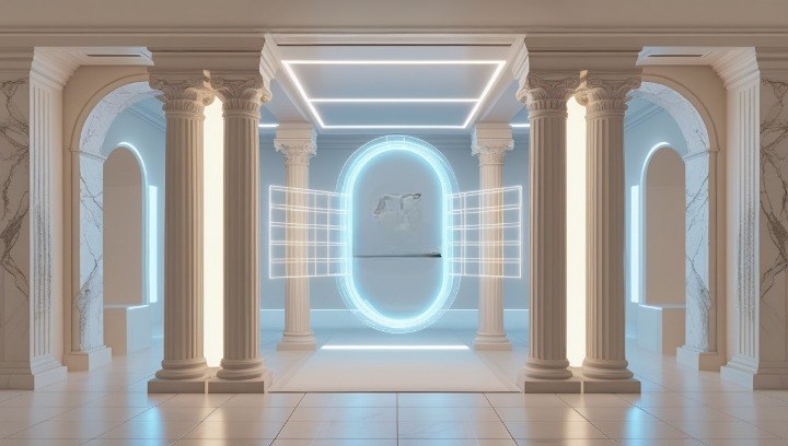 Modern interior design with marble columns and a glowing circular light fixture.