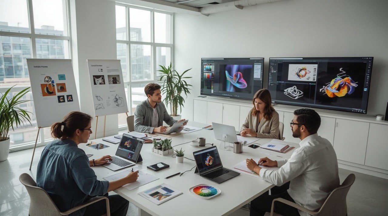 Group of people working in a modern office with multiple monitors and laptops.