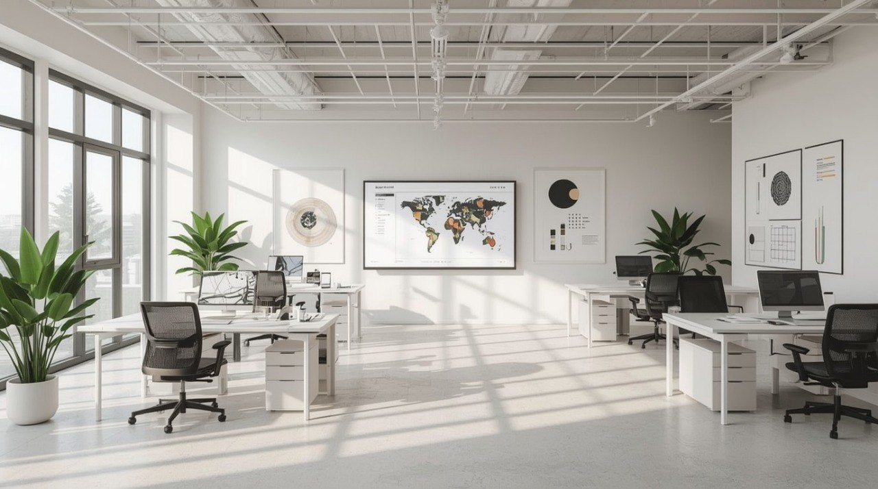 Modern office space with desks, chairs, and a world map on the wall.