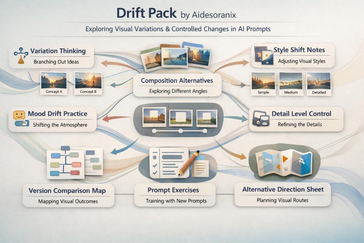 Diagram of 'Drift Pack' by Aidesoranix with various AI prompts and techniques.