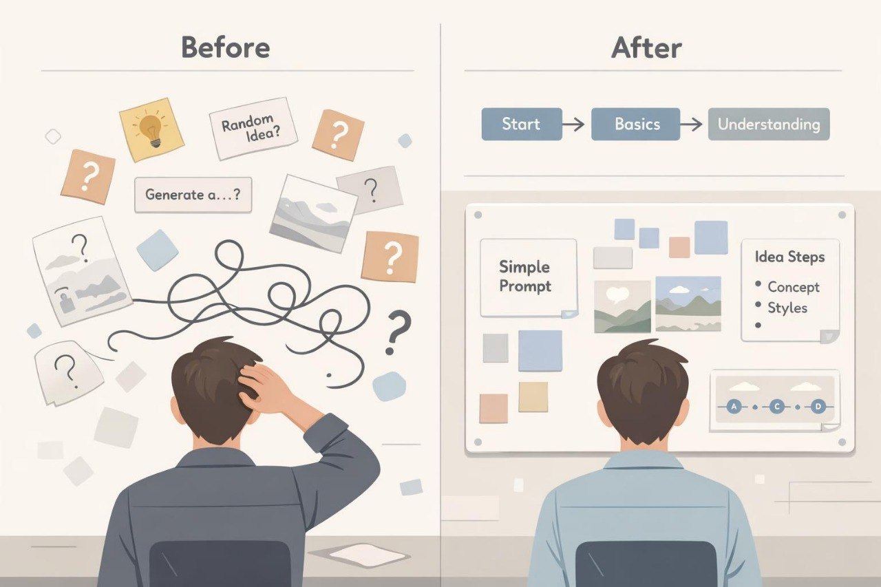 Illustration of a person before and after using a software tool with a clear interface.