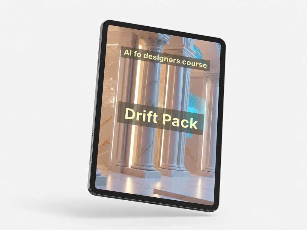Digital product packaging with 'Drift Pack' and 'AI for designers course' text on a tablet screen.