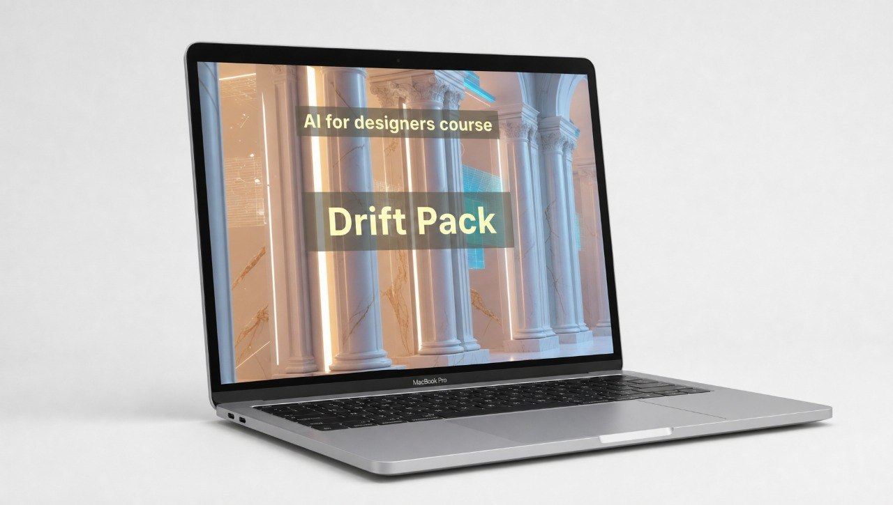 Laptop displaying 'AI for designers course Drift Pack' on a light gray background