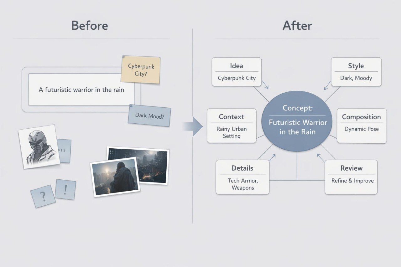 Mind map showing the process of creating a concept for a futuristic warrior in the rain, inspired by Cyberpunk City.
