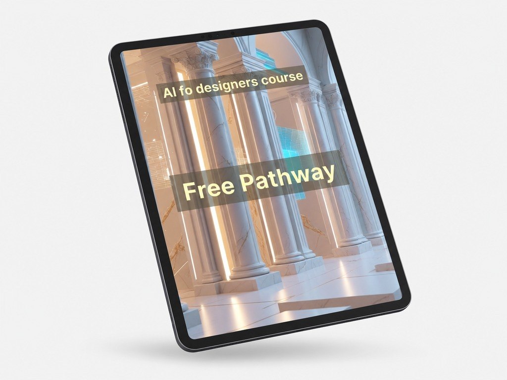 Tablet displaying a design course advertisement with architectural columns in the background