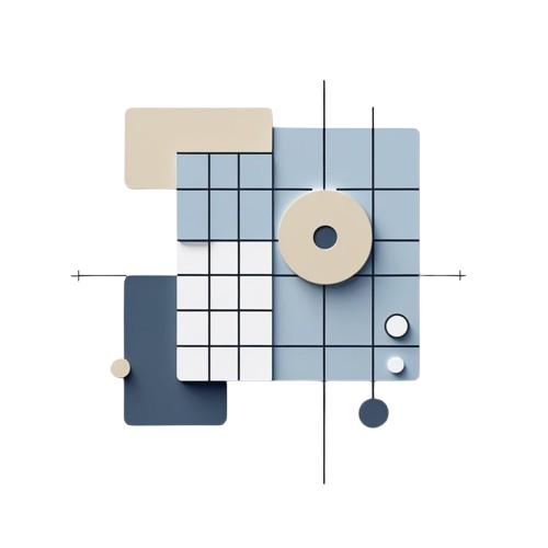 Geometric wall clock with blue, beige, and white colors on a white background