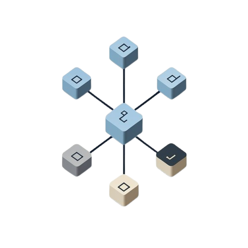 Isometric diagram with interconnected blue and gray blocks on a white background