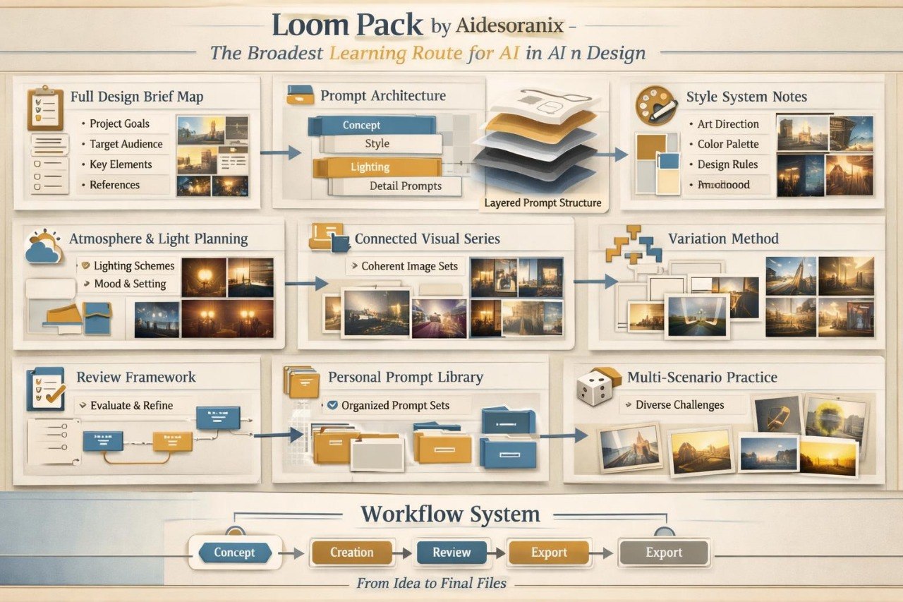 Loom Pack by Aidesoranix workflow system diagram with various design elements and processes.