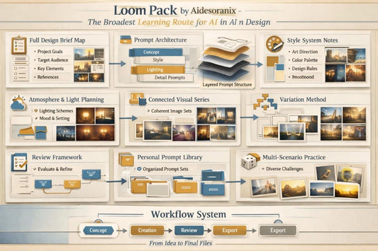 Loom Pack by Aidesoranix workflow system diagram with various design elements and processes.