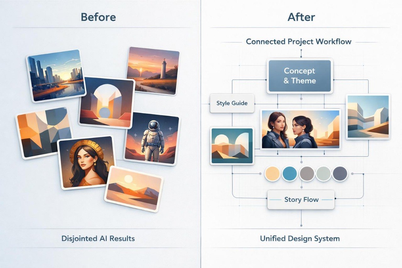 Before and after comparison of disjointed AI results to a unified design system with project workflow elements.