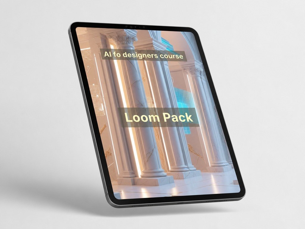 Tablet displaying 'AI for designers course Loom Pack' on a light gray background