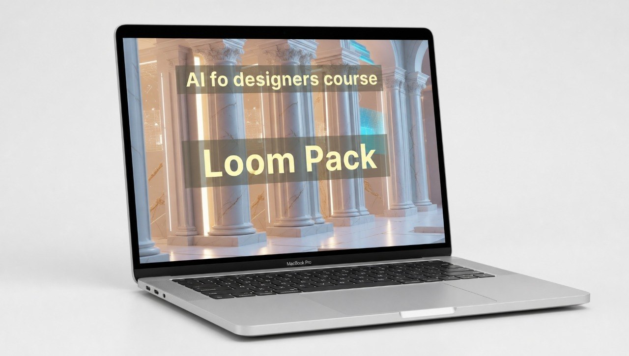 Laptop displaying a screen with 'AI for designers course Loom Pack' text on a white background