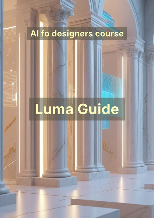 Columns with text overlay 'AI fo designers course Luma Guide' in a classical architectural setting.
