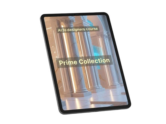 Tablet displaying a 'Prime Collection' course for AI to designers on a white background