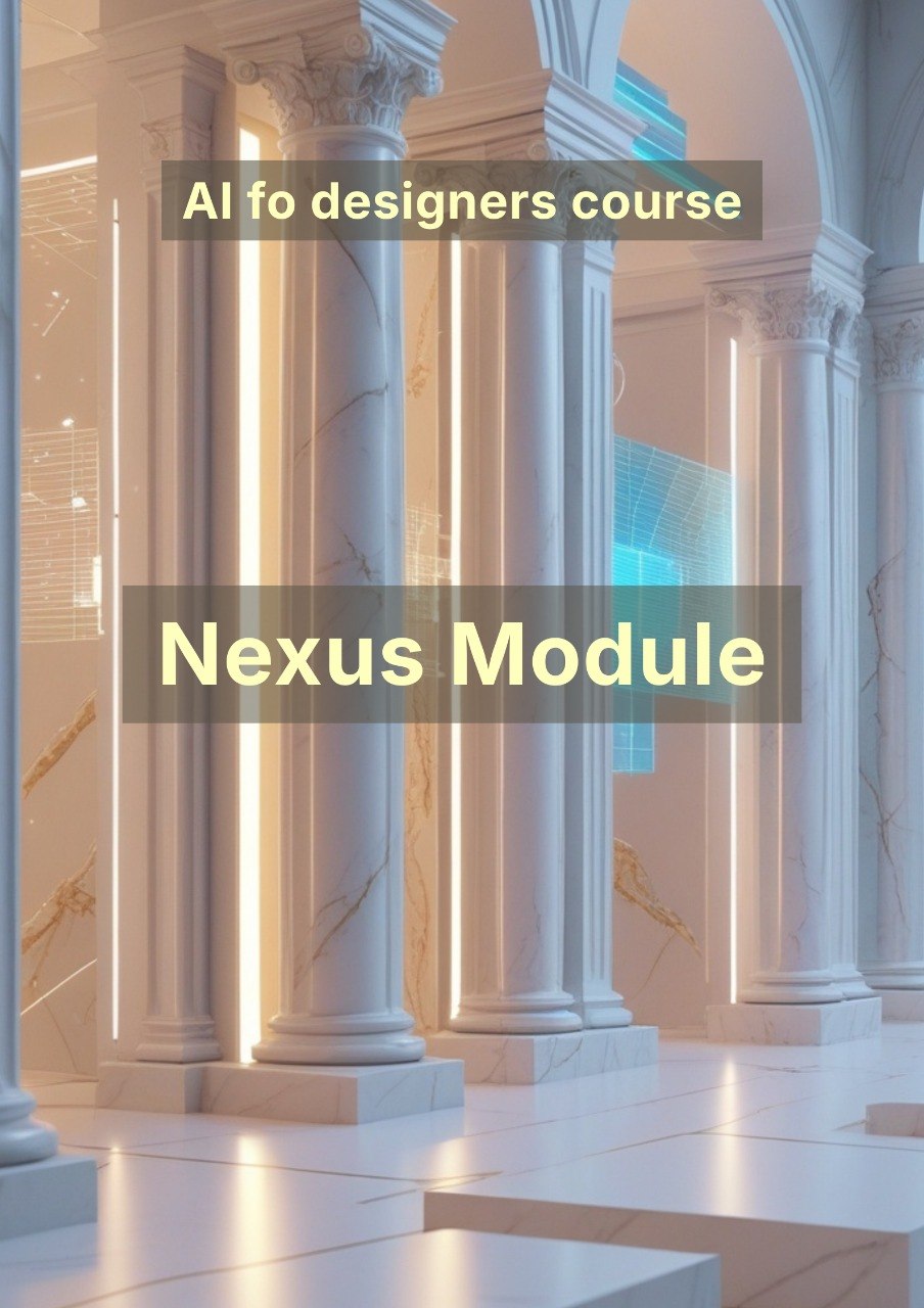Columns with text overlay 'AI fo designers course Nexus Module' in a classical architectural setting.