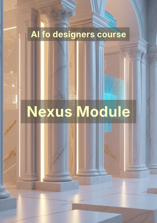 Columns with text overlay 'AI fo designers course Nexus Module' in a classical architectural setting.