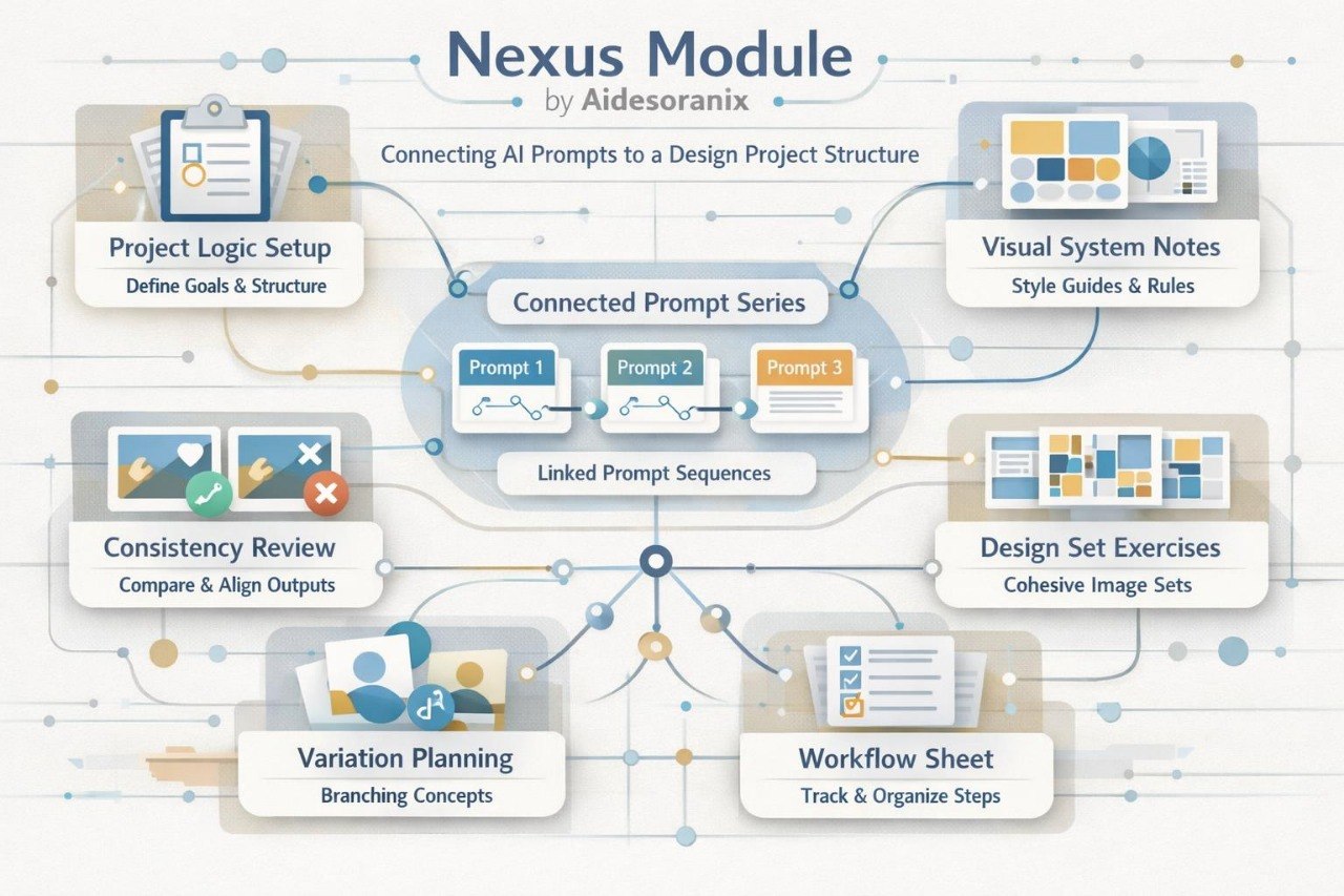 Diagram of the Nexus Module by Aidesoranix, connecting AI prompts to a design project structure.
