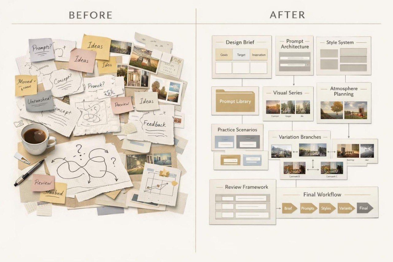 Comparison of messy brainstorming notes on the left and organized design process flowchart on the right.