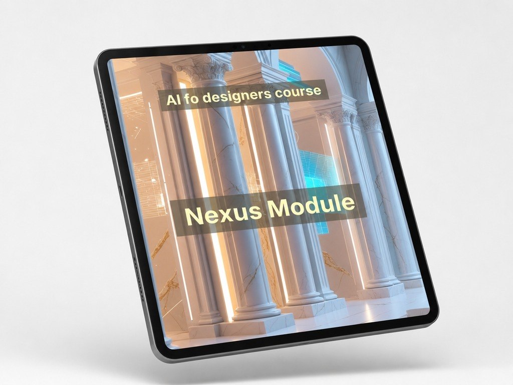 Tablet displaying an AI to designers course with 'Nexus Module' text on a light gray background