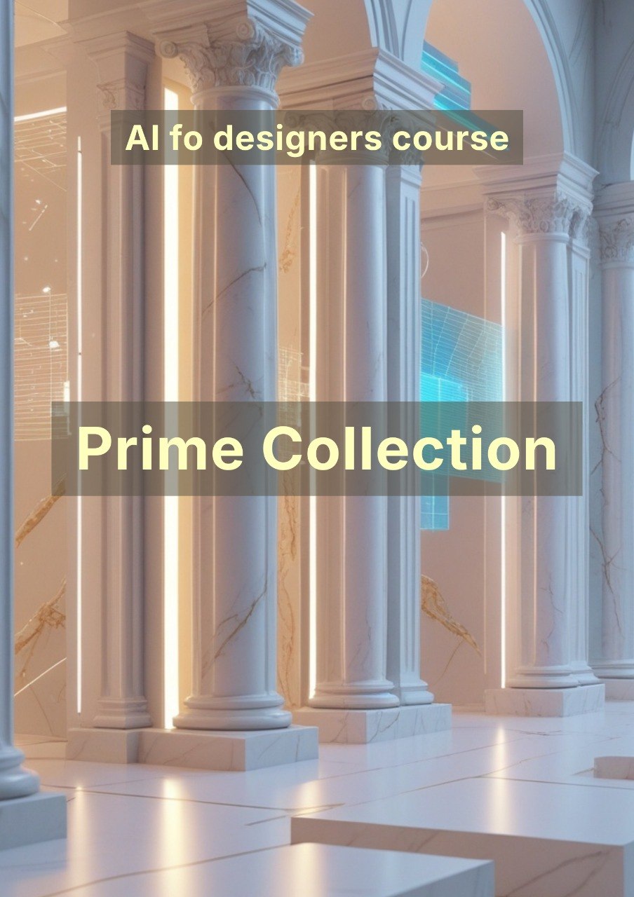 Columns in a classical architectural setting with text overlay 'AI fo designers course Prime Collection'.