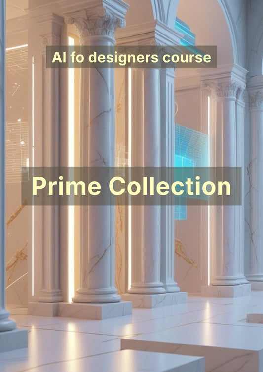 Columns in a classical architectural setting with text overlay 'AI fo designers course Prime Collection'.