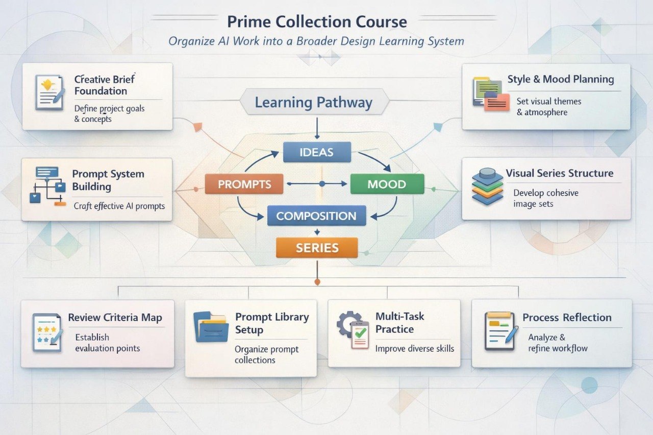 Flowchart of a Prime Collection Course on organizing AI work into a broader design learning system.