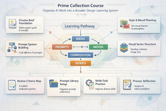 Flowchart of a Prime Collection Course on organizing AI work into a broader design learning system.