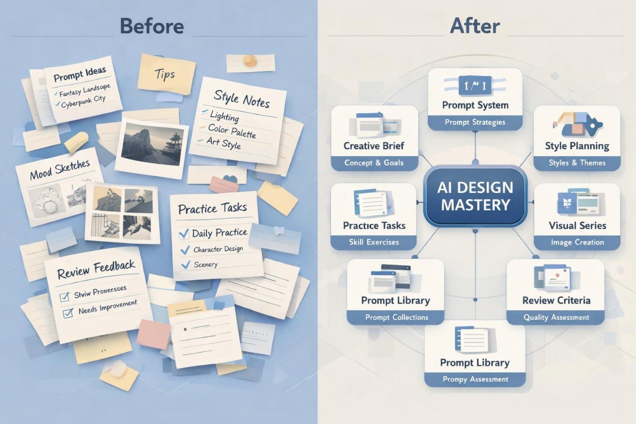 Before and after comparison of AI design process with digital tools on a blue and gray background.