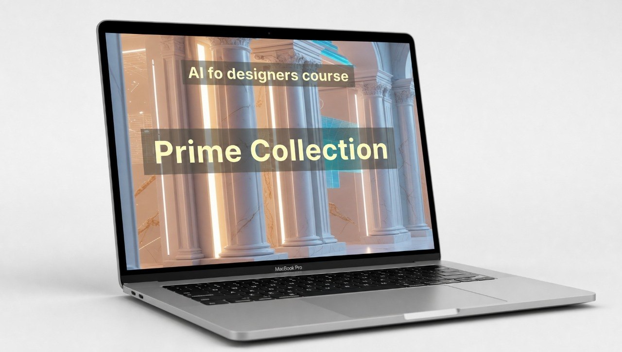 Laptop displaying a course title on a white background