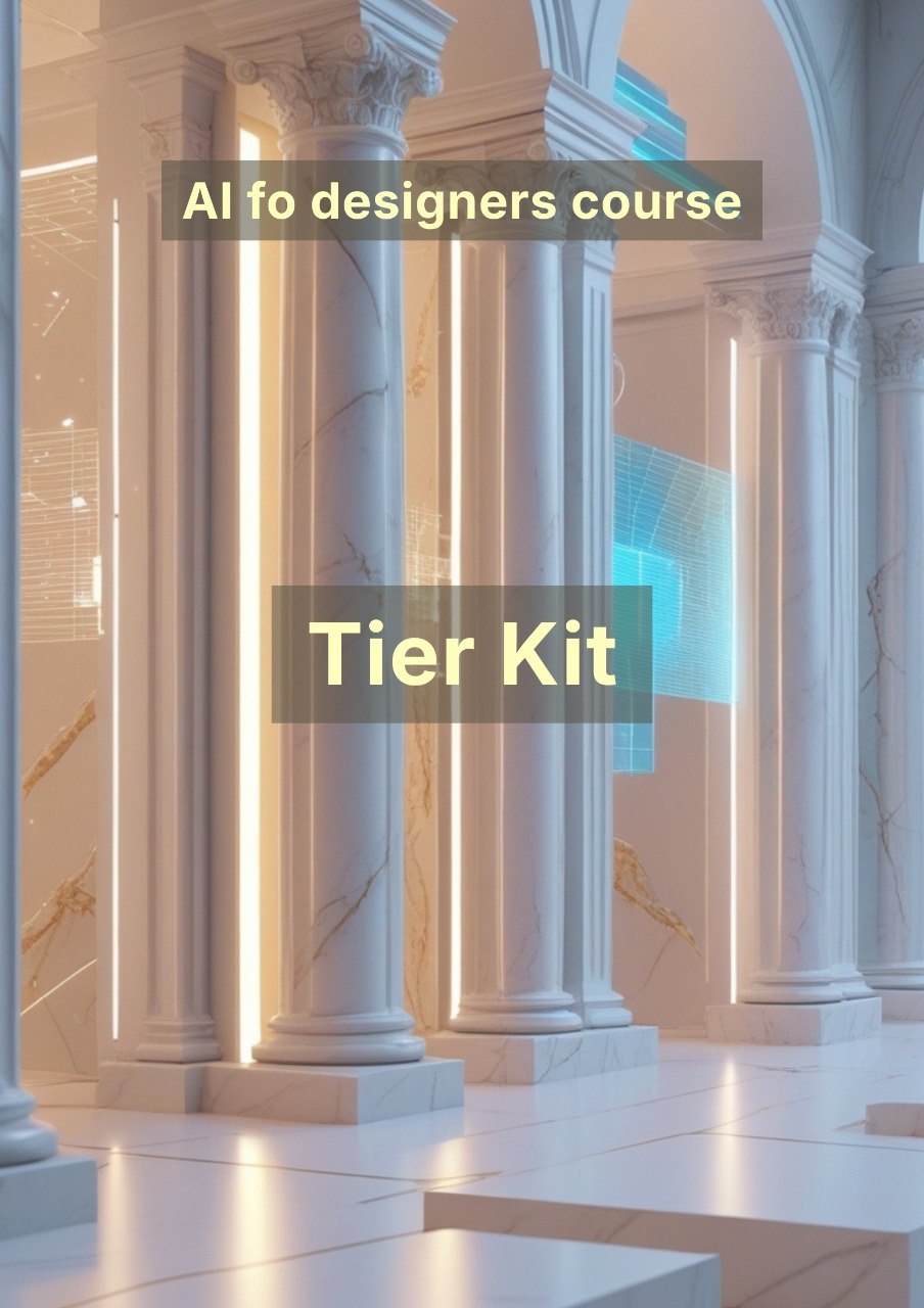 Columns with text overlay 'AI fo designers course Tier Kit' in a classical architectural setting.