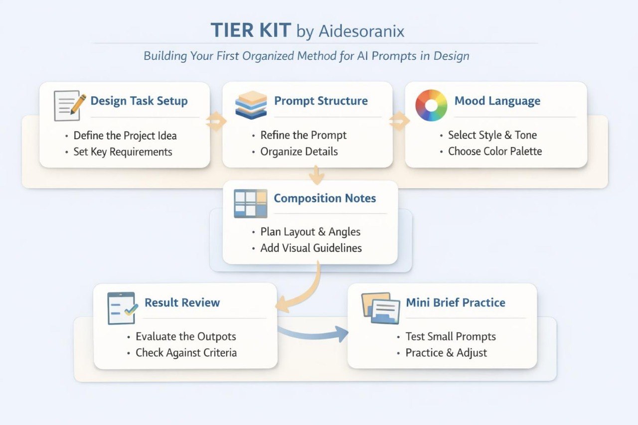 Tier Kit by Aidesoranix for building AI prompts in design with step-by-step process on a light blue background.