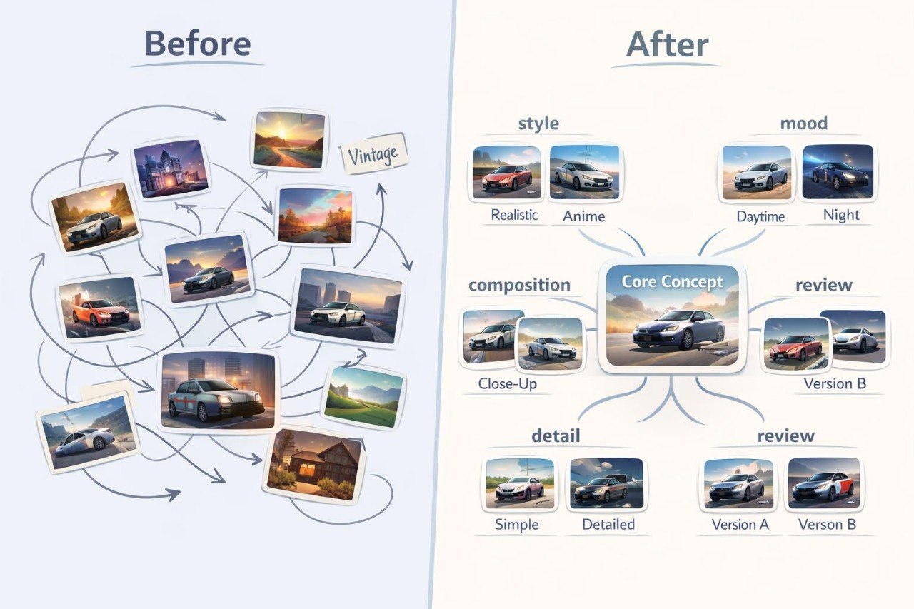 Before and after comparison of a car image with various editing options.
