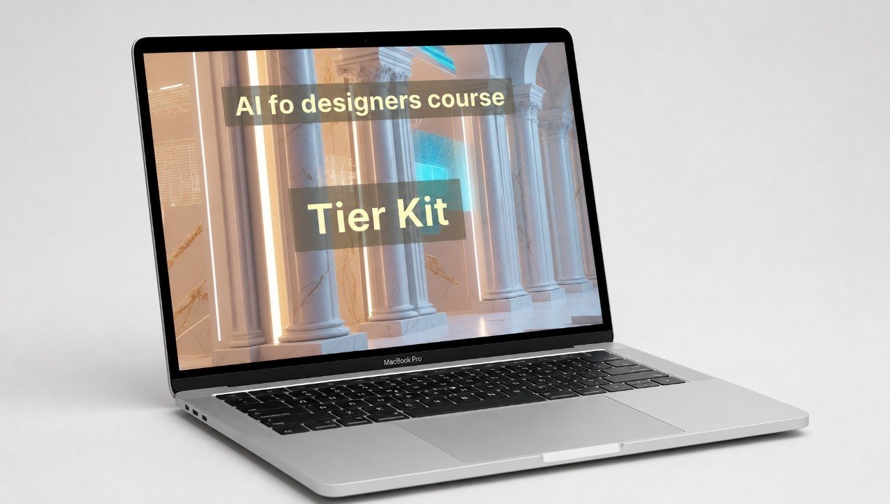 Laptop displaying 'AI for designers course Tier Kit' on a light gray background