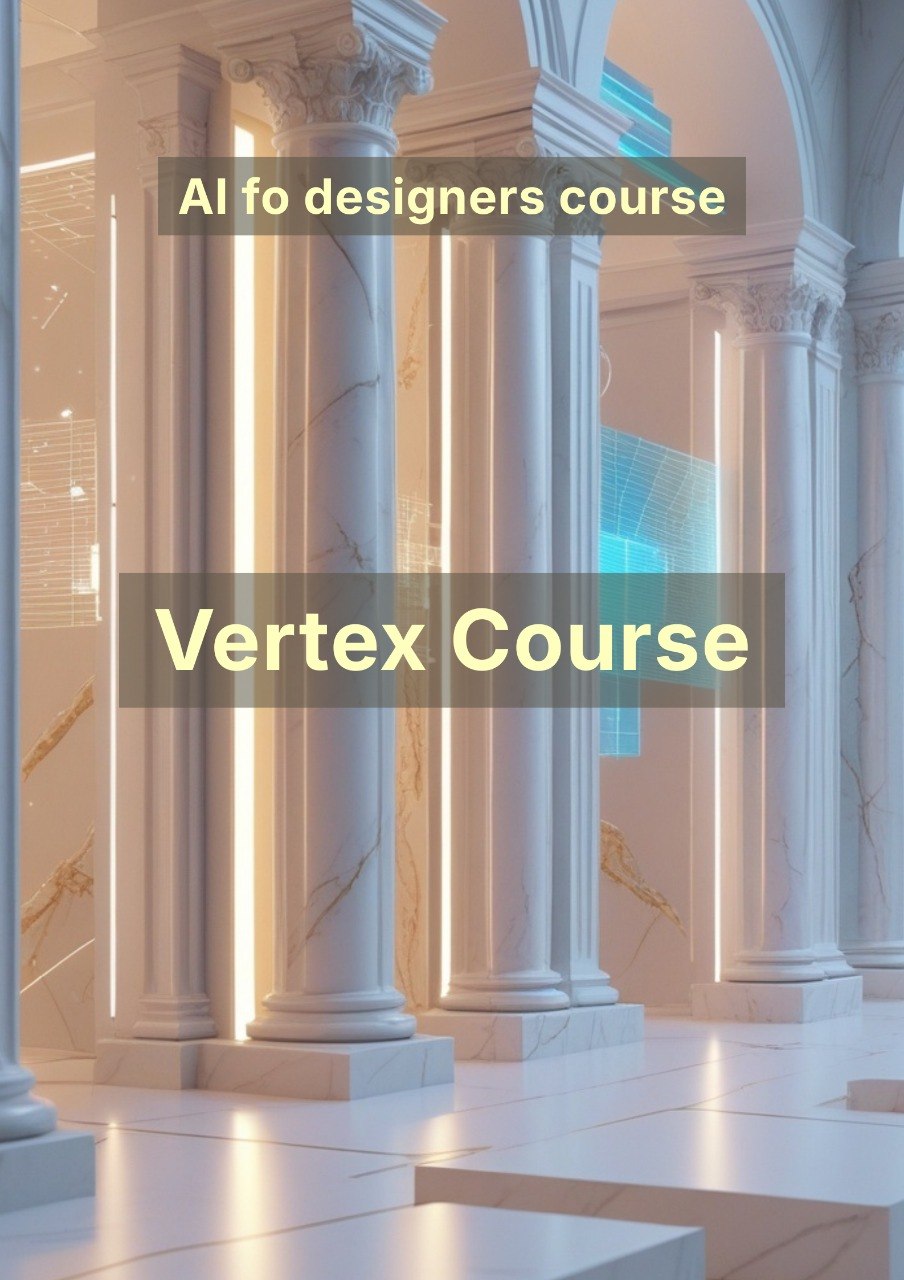 Columns with text overlay 'AI fo designers course' and 'Vertex Course' in a classical architectural setting.