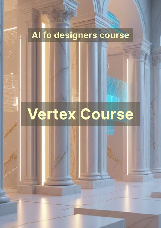 Columns with text overlay 'AI fo designers course' and 'Vertex Course' in a classical architectural setting.