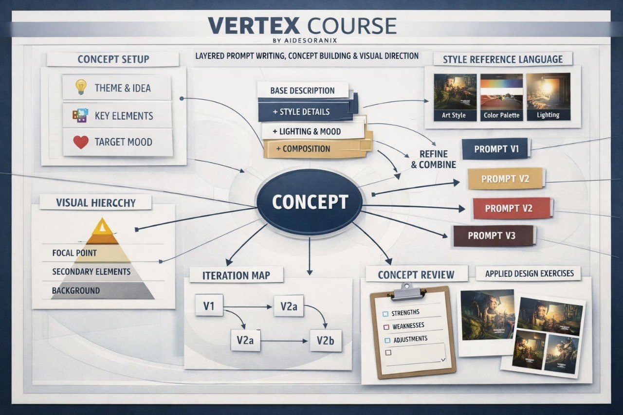 Diagram of a concept development process for a Vertex Course, featuring various stages and elements.