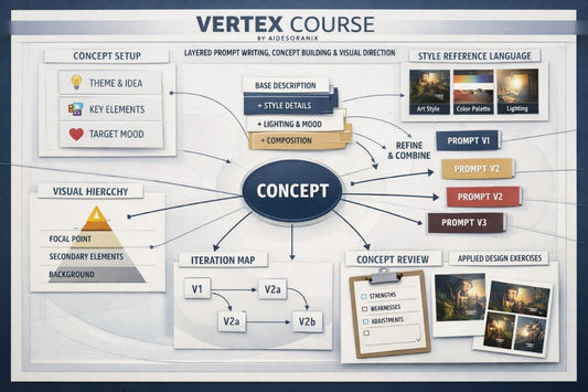 Diagram of a concept development process for a Vertex Course, featuring various stages and elements.