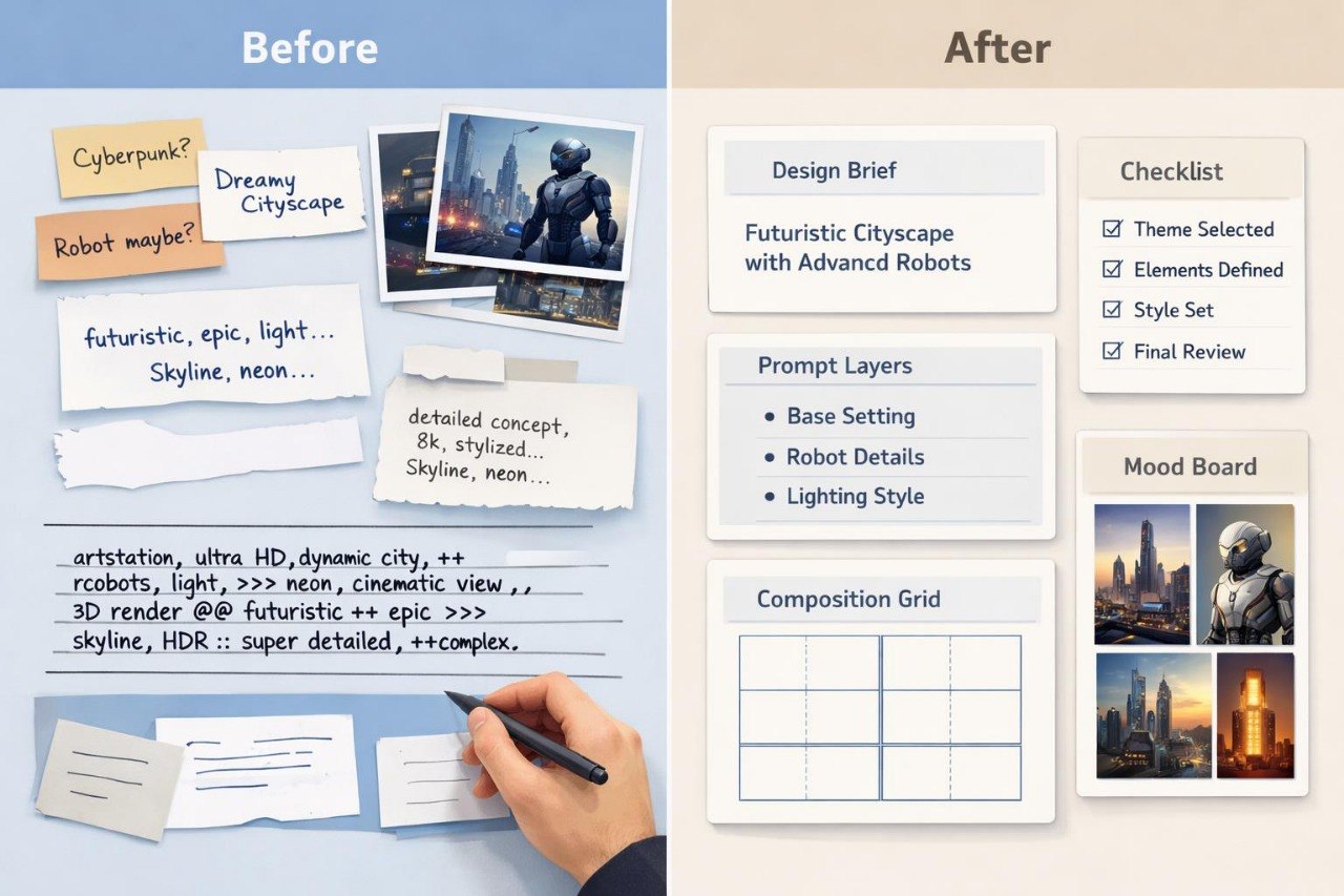 Before and after comparison of a design process with notes, images, and checklists.