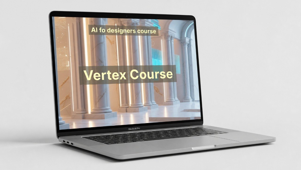 Laptop displaying a course title on a white background